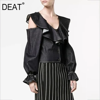 DEAT 2020 new spring fashion women clothes V-neck flare sleeves ruffles denim single breasted shirt female blouse WK57001S
DEAT 2020 new spring fashion women clothes V-neck flare sleeves ruffles denim single breasted shirt female blouse WK57001S