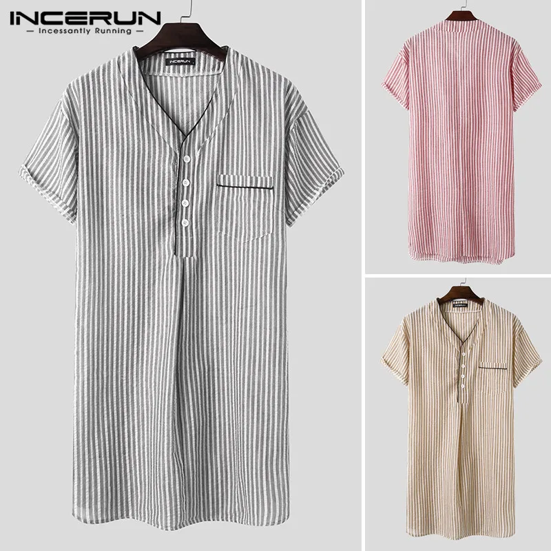 Leisure Striped Homewear Mens Cotton Sleepwear Summer Short Sleeve V Neck Nightgown Breathable Night Dress Shirts INCERUN S-5XL
Leisure Striped Homewear Mens Cotton Sleepwear Summer Short Sleeve V Neck Nightgown Breathable Night Dress Shirts INCERUN S-5XL