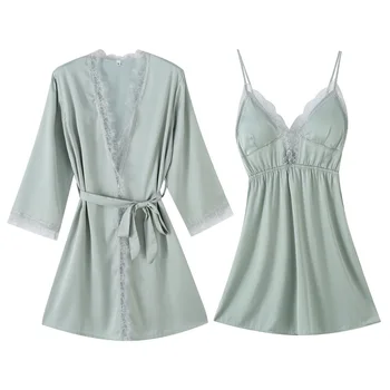 Women's Sexy V-Neck Lace Nightgrowns 2Pcs Silk Fabric Set Pyjamas Nightie Sleepwear сорочка женская ночная 
Women's Sexy V-Neck Lace Nightgrowns 2Pcs Silk Fabric Set Pyjamas Nightie Sleepwear сорочка женская ночная