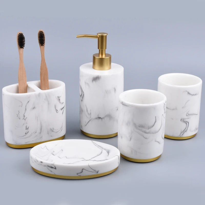 Bathroom Accessories Set, 5 Pieces Bath Ensemble, Bath Set Collection Marble Pattern Soap Dispenser Pump, Toothbrush Holder, Soa
Bathroom Accessories Set, 5 Pieces Bath Ensemble, Bath Set Collection Marble Pattern Soap Dispenser Pump, Toothbrush Holder, Soa