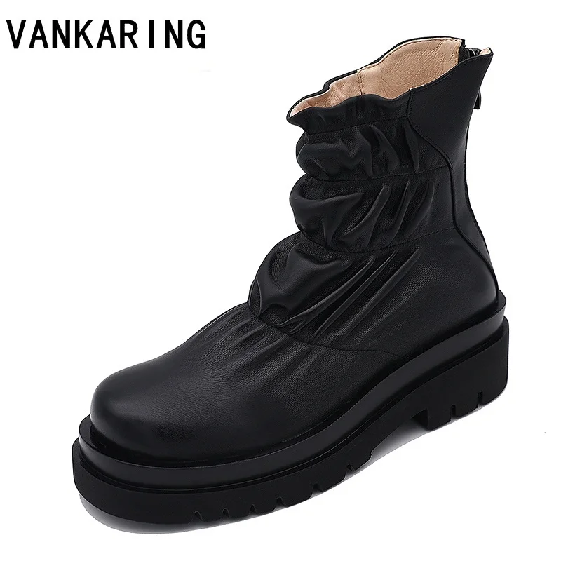 

Comfortable folds leather black short boots women round toe platform back zip martin boots british thick heel ankle boots woman