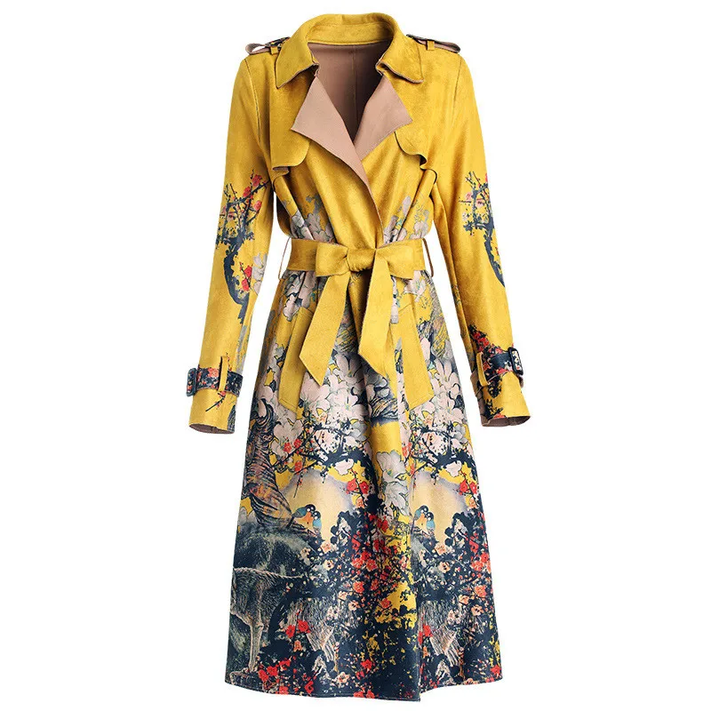 Фото 2019 Autumn Women's Casual Trench Coat Suede Oversize Print Vintage Windbreaker Female With Belt Slim Outwear Yellow Top M421 | Женская