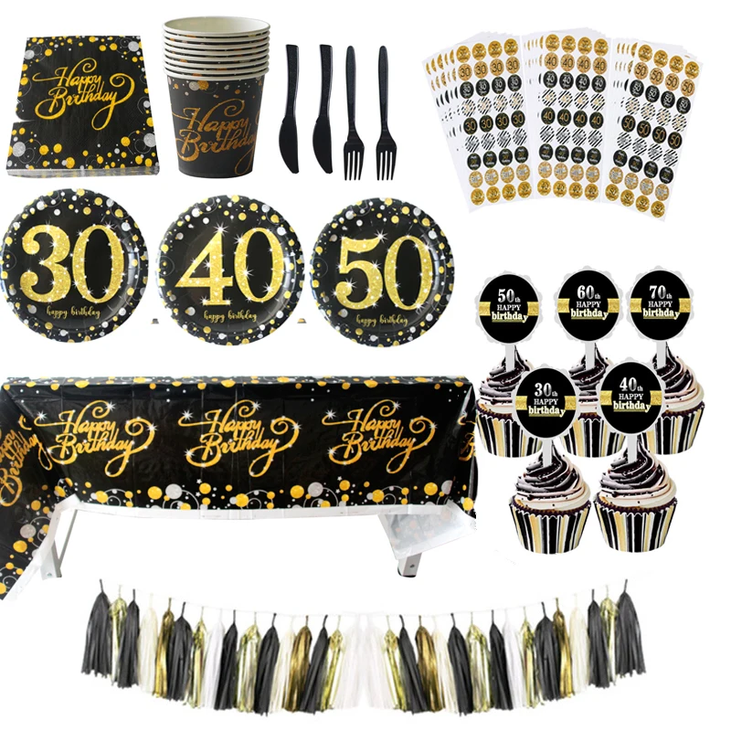 

Adult 30/40/50/60/70th Cake Toppers Birthday Party Decorations Adult Anniversary Black Gold Tableware Paper Plates Cups Supplies