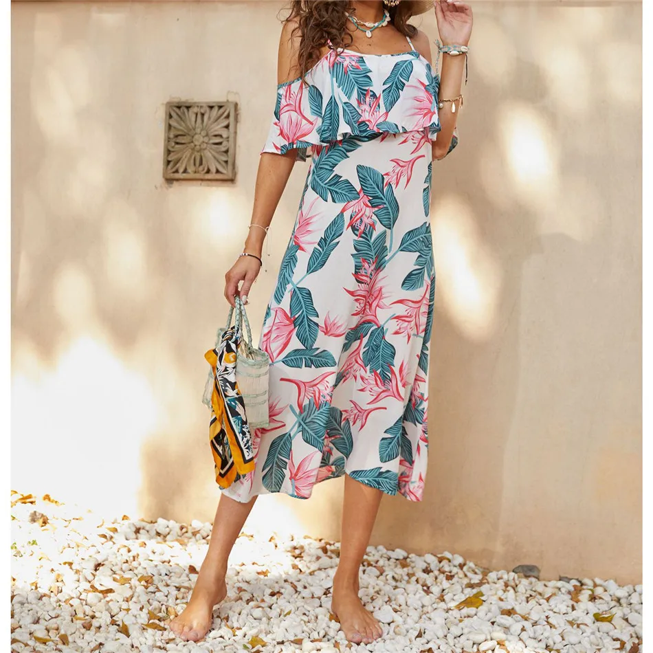 

CHYAOWU0130 Sexy Sling Slash neck Printed Beachwear Women's Dress Sleeveless A-Line Long Dresses for Women 2022 Beach Outing