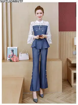 S-2XL Plus Size 2 Piece Set Women Lace Denim Patchwork Flare Sleeve Top Button Fly Flare Pants Perfect Quality OL Two Piece Set
S-2XL Plus Size 2 Piece Set Women Lace Denim Patchwork Flare Sleeve Top Button Fly Flare Pants Perfect Quality OL Two Piece Set