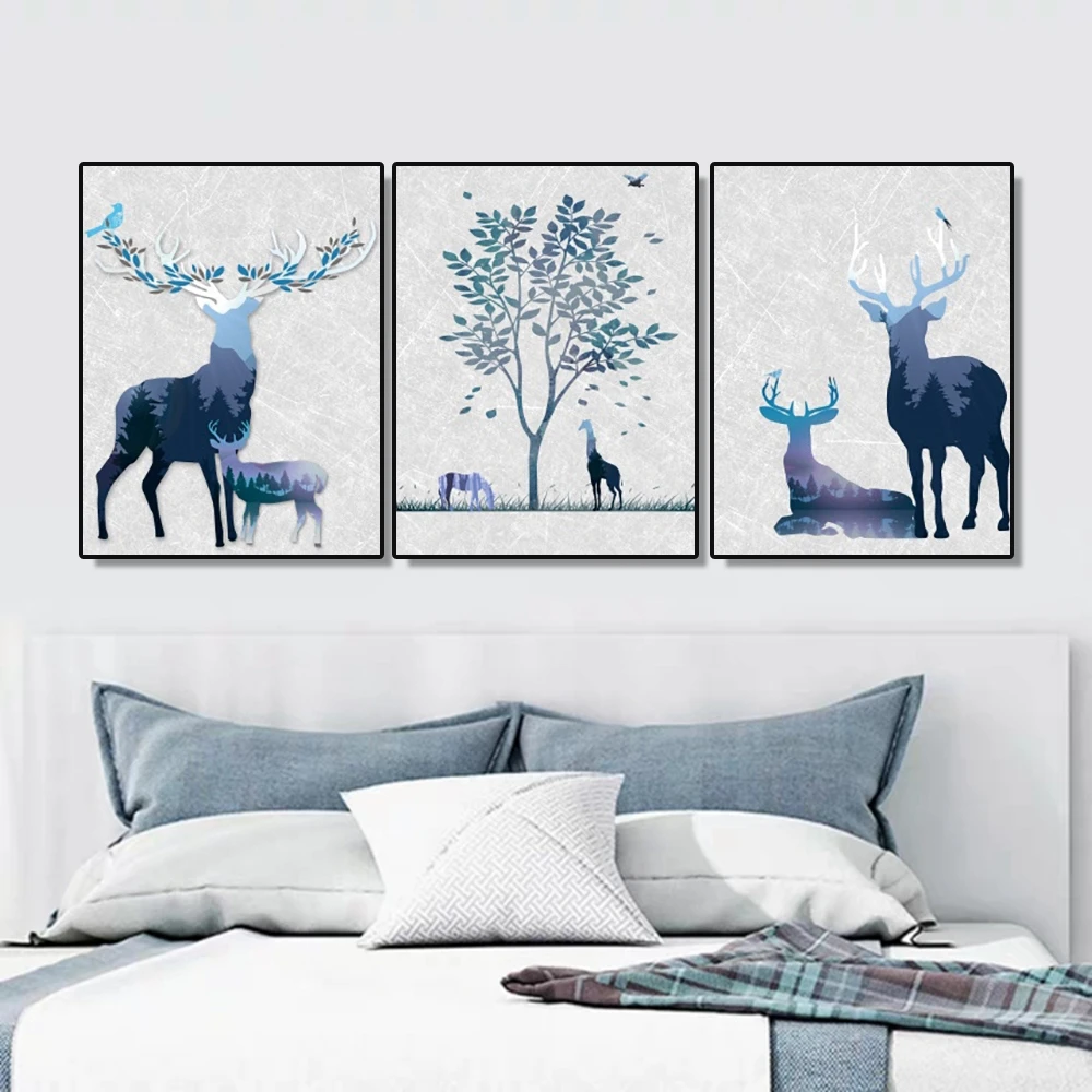 

Laeacco 3 Pieces Abstract Wall Art Canvas Painting Calligraphy Forest Deer Posters and Prints Picture For Living Room Decoration