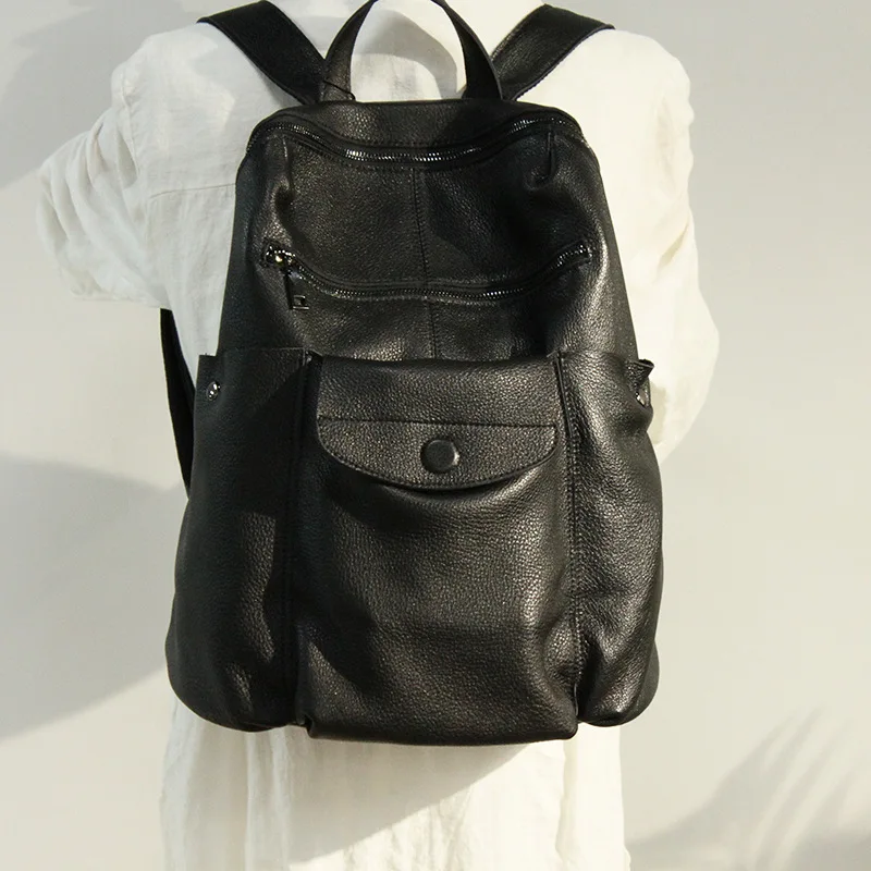 Рюкзак женский из натуральной кожи роскошный черный модный дизайнерский мягкой