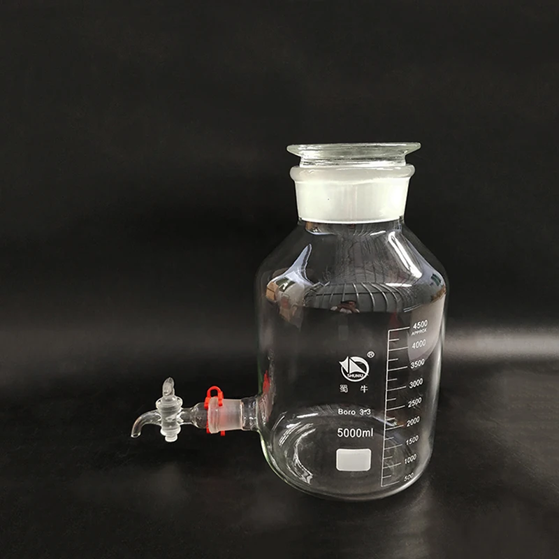 

Laboratory aspirator bottle 5000ml,Wide mouth,Clear with tick marks,With ground-in glass stopper and stopcock