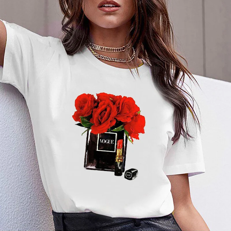 Women Clothes Print Flower Perfume Bottle Sweet Short Sleeve Tshirt Printed Women Shirt T Female T-shirt Top Casual Woman Tee 
Women Clothes Print Flower Perfume Bottle Sweet Short Sleeve Tshirt Printed Women Shirt T Female T-shirt Top Casual Woman Tee
