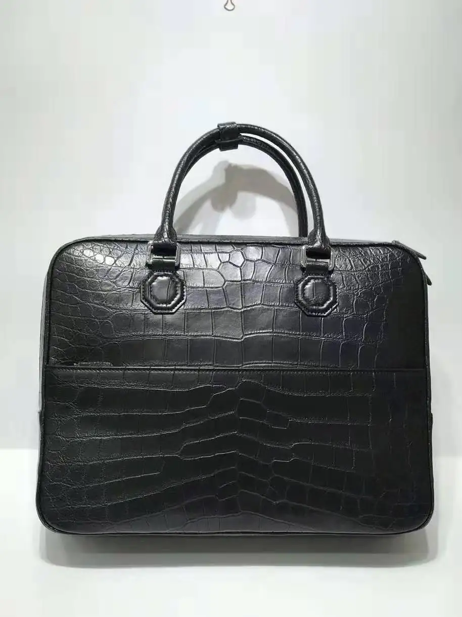 

Black color First grade quality genuine real crocodile skin men briefcase bag official men business dress bag with cow skin lining blue color free ship 2 zipper top closure