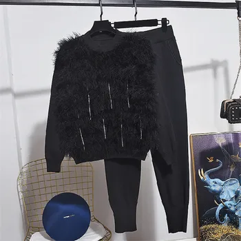 High Quality Black Women Tracksuit Set Autumn Winter Fur Tassel Knitted Sweater + Pencil Pants Suit Women Knit Two Piece Outfits 
High Quality Black Women Tracksuit Set Autumn Winter Fur Tassel Knitted Sweater + Pencil Pants Suit Women Knit Two Piece Outfits