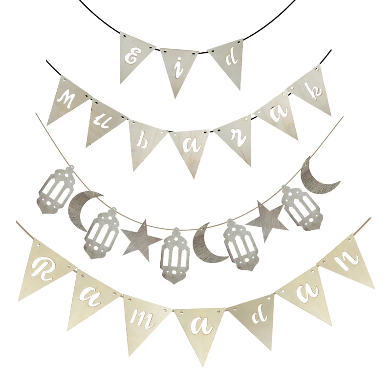JQSYRISE 10Pcs Wooden Eid Mubarak Banner Islamic Muslim Ramadan Lantern Moon Star Bunting Garland Party Decoration Supplies | Дом и сад