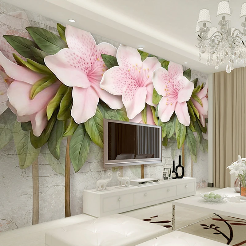 

Drop Shipping Custom Photo Wall Paper 3D Stereoscopic Relief Pink Flower Leaf Brick Wall Painting Mural Background Home Decor