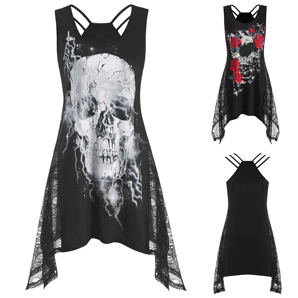 Blouse Tops Women's Halloween Skull Print O-Neck Lace Sleeveless Shirt Loose Female Lace Top Blouses Blusas Mujer Plus Size
Blouse Tops Women's Halloween Skull Print O-Neck Lace Sleeveless Shirt Loose Female Lace Top Blouses Blusas Mujer Plus Size