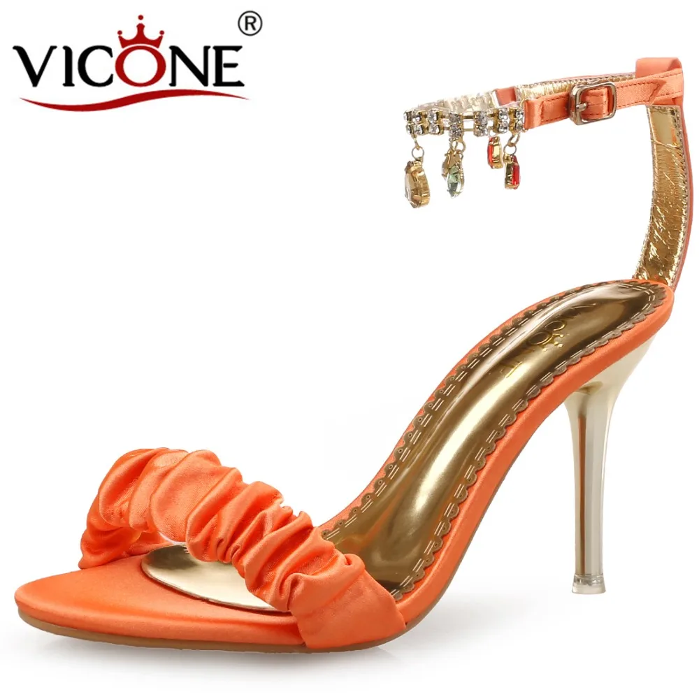 VICONE Women Summer Crystal Pleated Pointed Toe Party Fashion Heels V10024