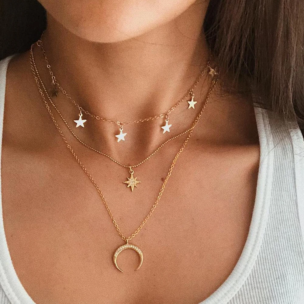 

Fashion Women Necklaces Pentagram Fringe Geometry Moon Pendant Clavicle Chain Multilayer Gold Necklace Set Wedding Party Jewelry