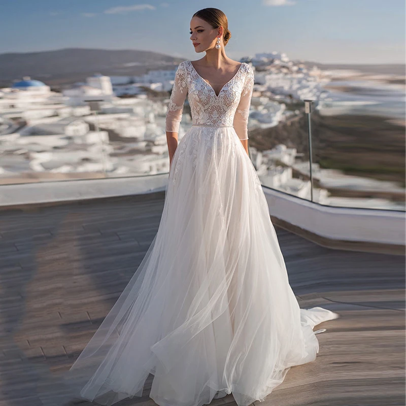 2021 Hot Sale Charming Lace Bridal Wedding Dresses with 3/4 Sleeves Plunge V Neckline Wedding Gown for Bride Backless
2021 Hot Sale Charming Lace Bridal Wedding Dresses with 3/4 Sleeves Plunge V Neckline Wedding Gown for Bride Backless