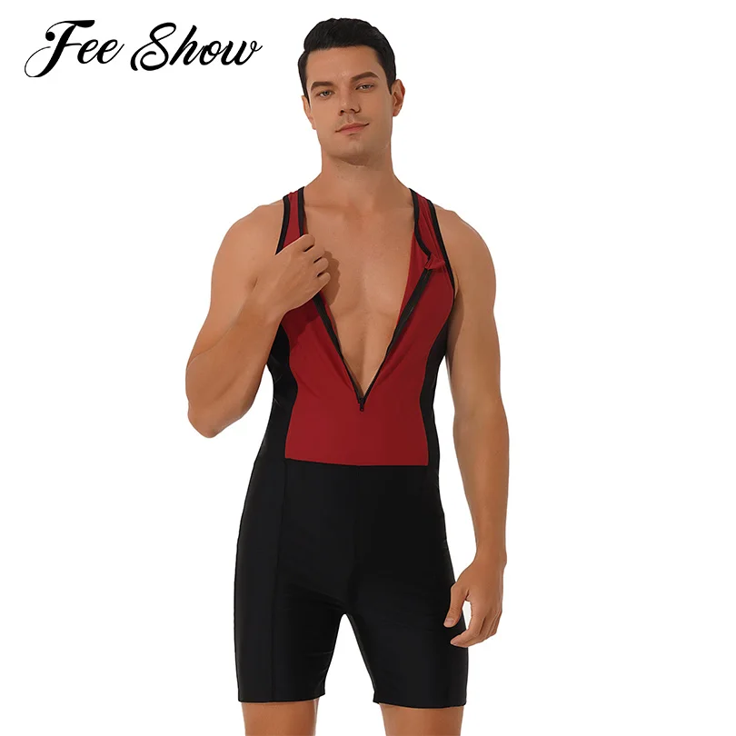 

Men Round Neck Sleeveless Swimsuit Bodysuit Soft Front Zipper Racer Back Shorts Jumpsuit Swimming Bathing Suit Triathlon Wetsuit