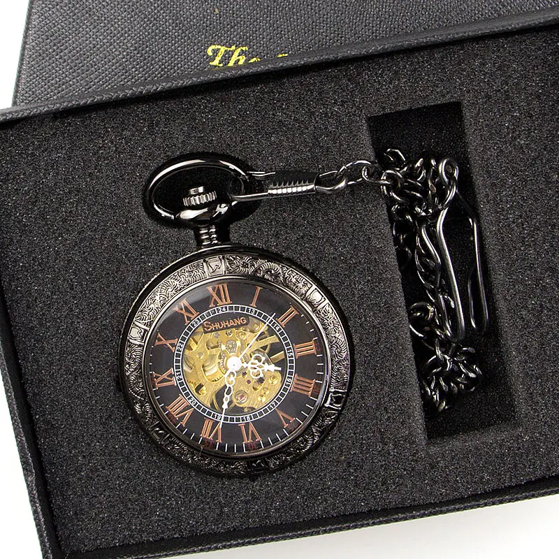 Roman Number Dial Mechanical Pocket Watch Mens Steampunk Watches With FOB Chain Gift For Men Women PJX1388
