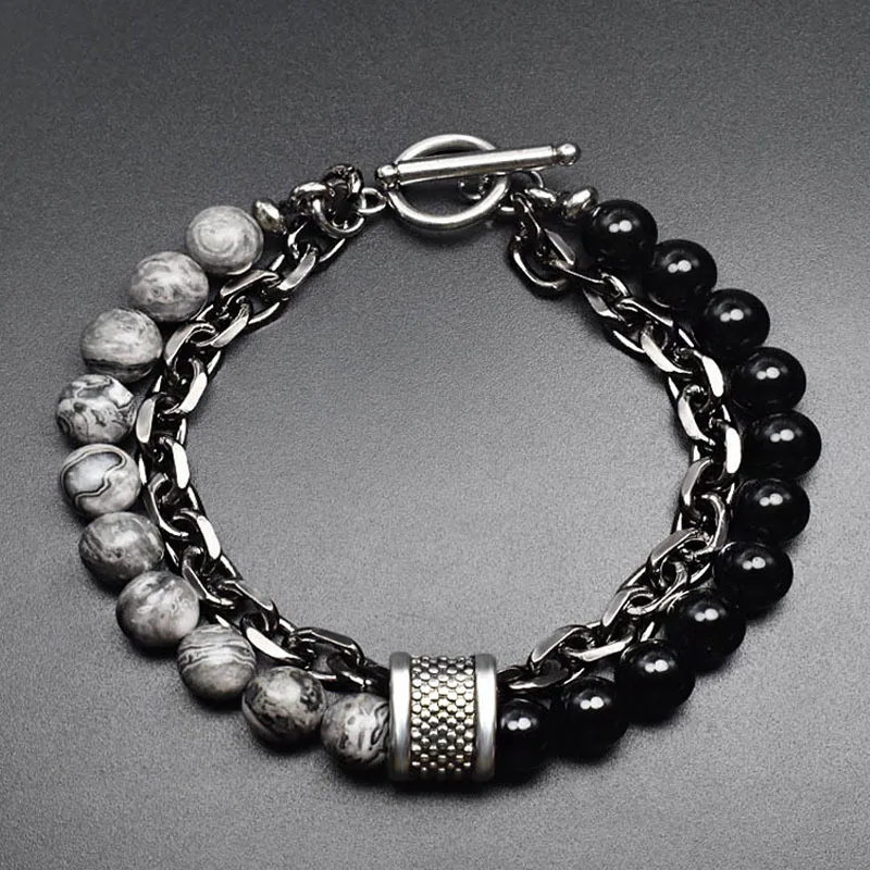 New 2021 Black White Stone Men's Bracelets Double Chain Link Stainless Steel Beaded Bracelets Bangle Male Jewelry 
New 2021 Black White Stone Men's Bracelets Double Chain Link Stainless Steel Beaded Bracelets Bangle Male Jewelry