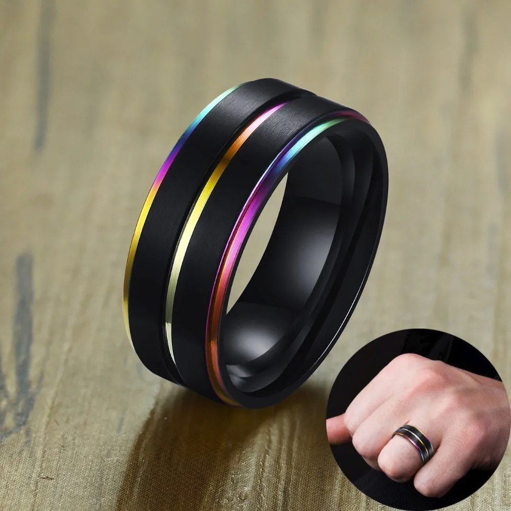 Men's Wedding Band 8mm Anodized Rainbow Grooved Stepped Edges Mens Rings Engagement Bands Stainless Steel Ring Male Jewelry
Men's Wedding Band 8mm Anodized Rainbow Grooved Stepped Edges Mens Rings Engagement Bands Stainless Steel Ring Male Jewelry