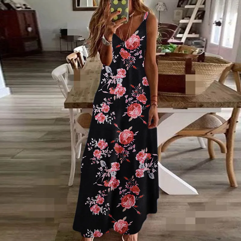 Sexy Maxi Dresses For Women Boho Print V-Neck Floral Sundresses Women Sleeveless Plus Size Dresses For Women 4xl 5xl Summer 2020