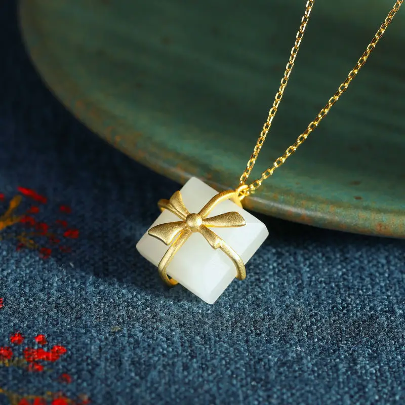 New inlaid natural Hetian square jade bow gift box shape pendant necklace cold wind fresh and cute female brand jewelry | Украшения и