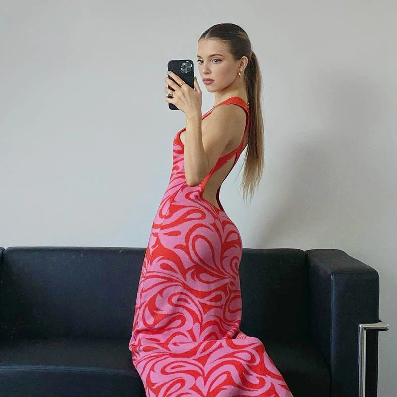 

Women's Sleeveless Maxi Dress, Sexy Damask Print Criss Cross Backless Split Hem Knit Tank Dress For Party Beach Prom