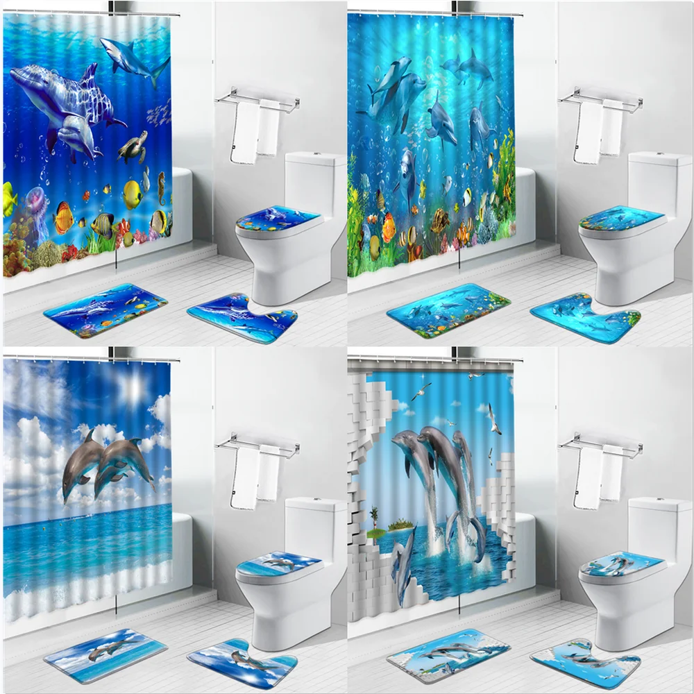 

Dolphin Shower Curtains Ocean Animal Starfish Underwater World Tropical Fish Bathroom Curtain Non-Slip Carpet Set Toilet Rug Mat