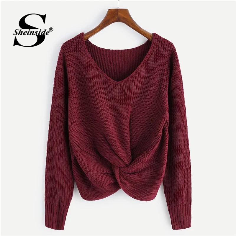 

Sheinside Casual Front Twist Detail Sweater Women 2019 Autumn Long Sleeve Burgundy Sweaters Ladies Solid V Neck Basic Top