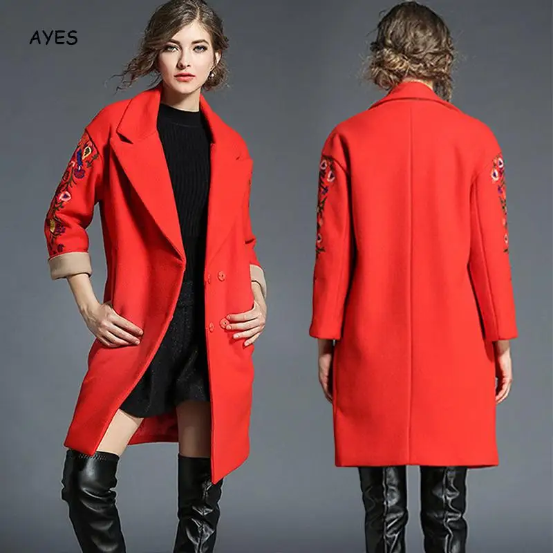Red Wool Blend Coat Women 2019 Autumn Winter Long Slim Coat Fashion Basic Overcoat Women Chinese Floral Embroidery Woolen Jacket 
Red Wool Blend Coat Women 2019 Autumn Winter Long Slim Coat Fashion Basic Overcoat Women Chinese Floral Embroidery Woolen Jacket