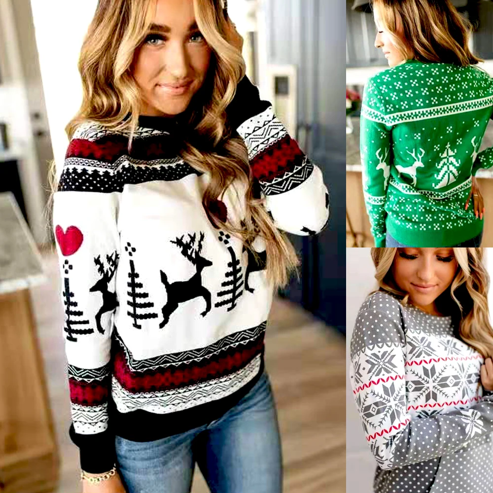 Фото Женские рождественские свитера женские вязаные пуловеры с длинным рукавом топы