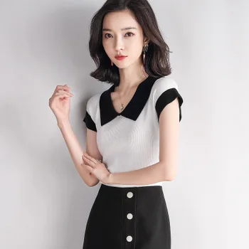 2020 fashion casual lapel knitted short-sleeved T-shirt women red
2020 fashion casual lapel knitted short-sleeved T-shirt women red