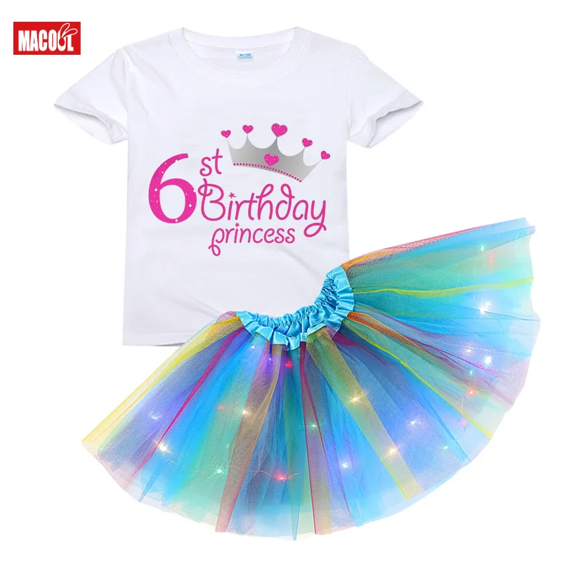 

Girls Kids Dress Clothes Short T-shirt+ Glow Sequins Skirts Dress Set 2021 Summer Clothing Birthday Custom Luminous Skirt Suit