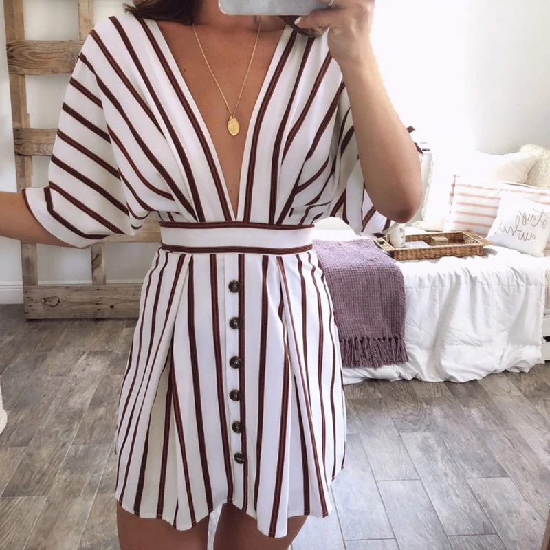 Women Deep V-Neck Button Front Striped Mini Dress Half Sleeve Halter Belt Summer
Women Deep V-Neck Button Front Striped Mini Dress Half Sleeve Halter Belt Summer