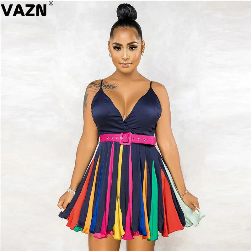 VAZN Striped Print Holiday V-neck A-line Party Street Night Club Sexy Slim Young Dress 2020 Sleeveless dress Lady | Женская одежда