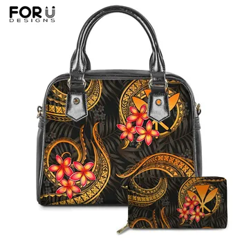 

FOURDESIGNS Brand Designer 2set Tote Bag Polynesian Hawaii Plumeria Pattern PU Leather Shoulder Bag for Women Beach Handbag Bags