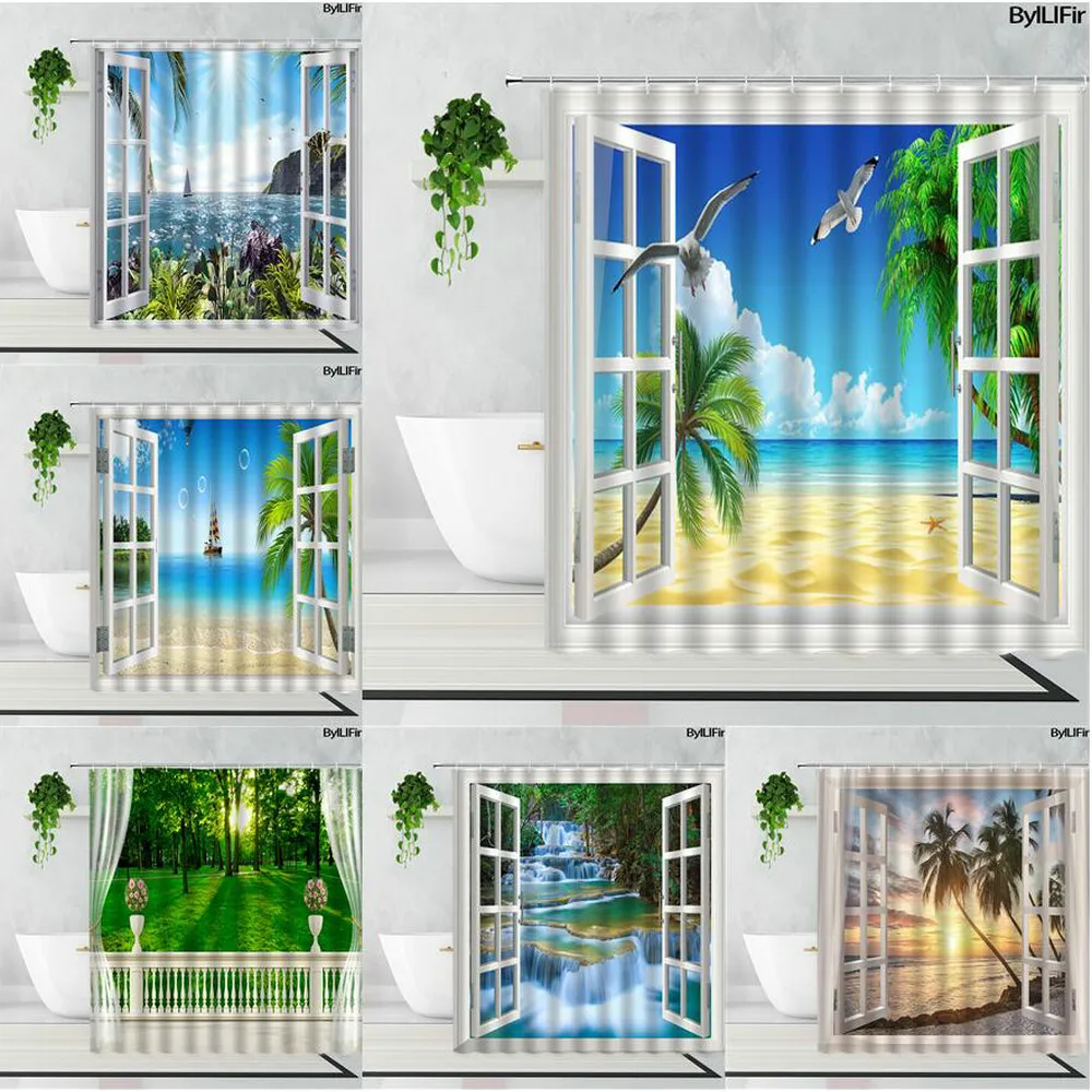 

Beach Waterfall View Shower Curtain Set Opening The Window Sea Scenery Bath Curtains Nature Landscape For Home 3D Bathroom Decor