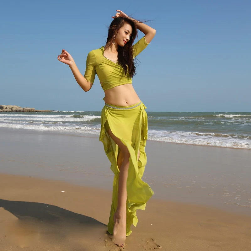 

Belly Dance Practice Clothes New Summer Color Blocking Cotton Training Outfits Top Skirt Indian Oriental Dancing Perforamnce Set