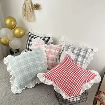 

45x45cm Cute plaid pattern cotton fabric square pillow soft backrest cushion frill throw pillow back cushion girl gift