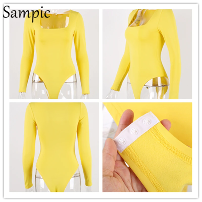 Sampic Woman Fashion Sexy Causual Square Neck Warm Skinny Bodysuit Rompers Long Sleeve Slim Bodycon Bodysuit Tops Autumn Winter