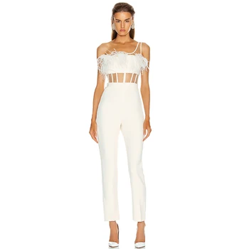 2020 Autumn New White Bodycon Sexy One-Shoulder Perspective Mesh Feather Bandage Jumpsuit Celebrity Designer Fashion Jumpsuit
2020 Autumn New White Bodycon Sexy One-Shoulder Perspective Mesh Feather Bandage Jumpsuit Celebrity Designer Fashion Jumpsuit