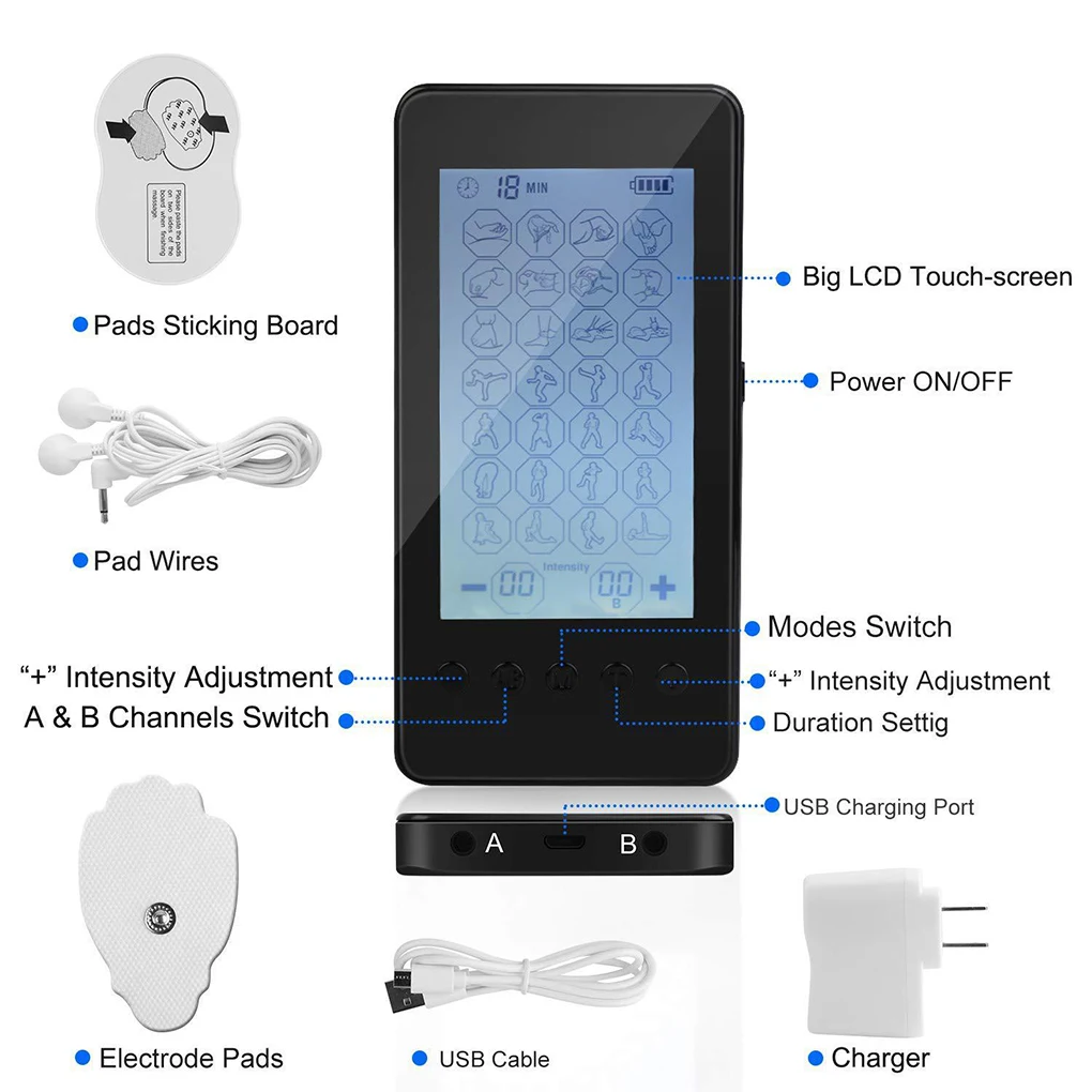 

Muscle Stimulator 28 Modes Electronic Massager LCD Touch Screen Dual Channel Neck Shoulder Head Massager US Plug