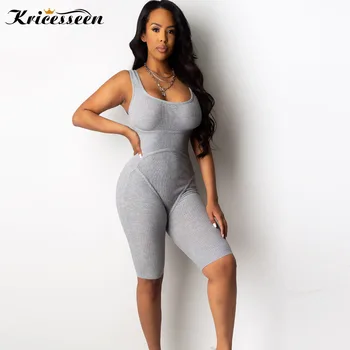 

Kricesseen Sexy Solid Gray Elasticity Skinny Short Jumpsuit Summer Women Strap Sleeveless Playsuit Clubwear One Pieces Rompers