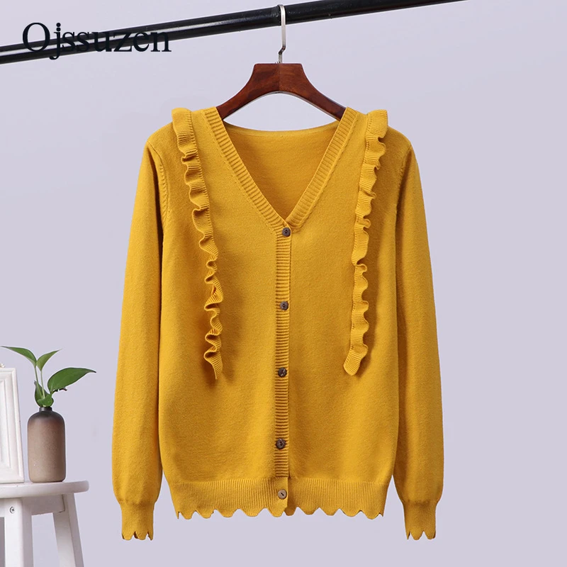 Solid Soft Yellow Long Sleeve V Neck Ruffles Knitted Women's Cardigan Korean Coats Woman Sweater Jacket Autumn With Button
Solid Soft Yellow Long Sleeve V Neck Ruffles Knitted Women's Cardigan Korean Coats Woman Sweater Jacket Autumn With Button