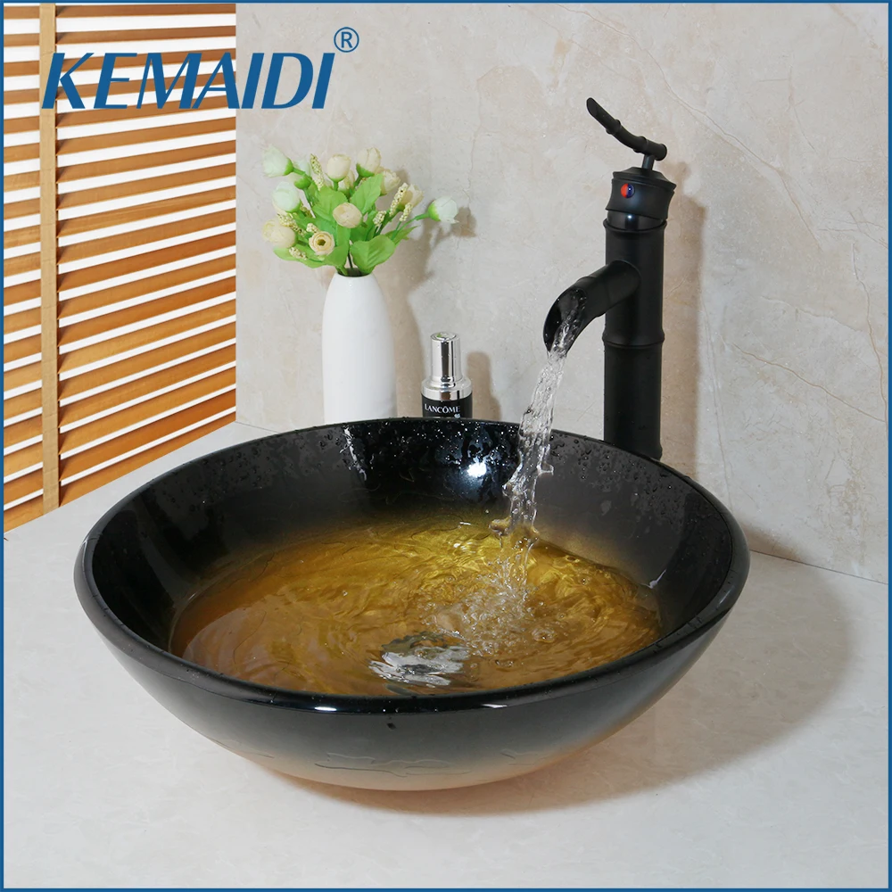 

KEMAIDI Bathroom Sink Glass Hand-Paint Lavatory Sink Combine Set Polished Chrome Waterfall Mixer Tap Faucet Wash Basin Sink Tap