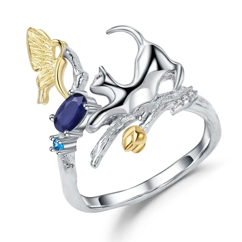 Фото Женское кольцо с бабочкой GEM'S регулируемое из серебра 925 пробы синим сапфиром | Кольца (32992458314)