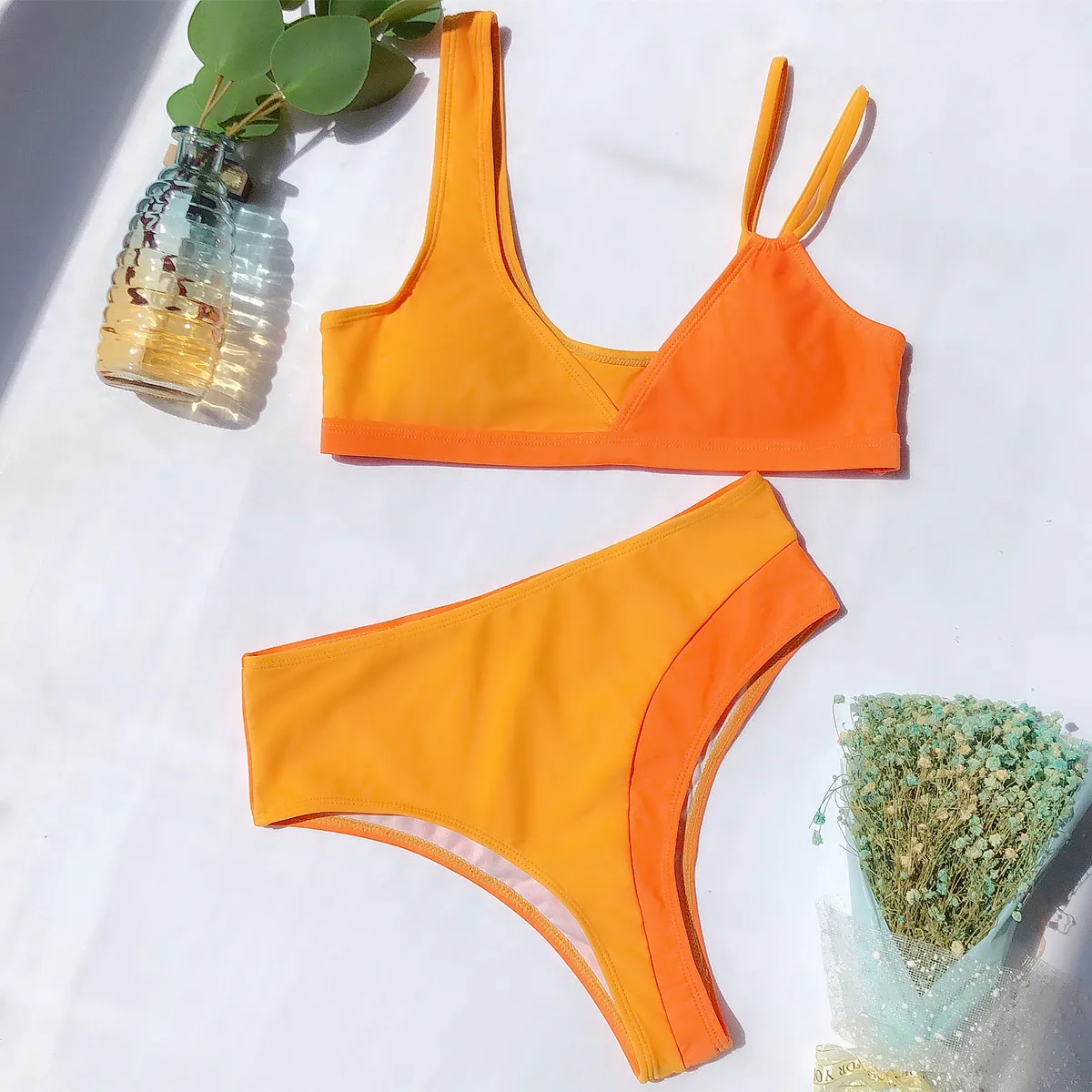 REALEFT женский купальник-двойка 2020 Новинка оранжевый однотонный купальник для