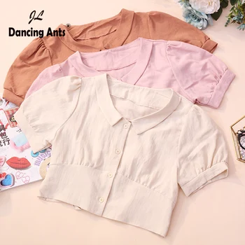 Woman Shirt Peter Pan Collar Short Sleeve Elastic Waist Button Slim Tops 2020 Summer New Casual Elegant Chic Solid Short Blouse 
Woman Shirt Peter Pan Collar Short Sleeve Elastic Waist Button Slim Tops 2020 Summer New Casual Elegant Chic Solid Short Blouse