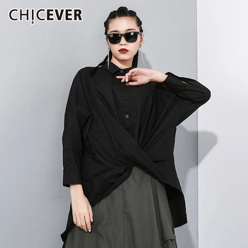 

CHICEVER Korean Cross Ruched Women's Shirt Lapel Collar Long Sleeve Asymmetric Hem Blouse Female 2020 Spring Fashion New Clothes